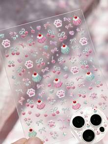 1 Piece Of Sweet Style Pink And Red Color Bowknot Apple Cake Cat Paw Lens Film Sticker. The Sticker Features A Variety Of Elements Including Stars, Bowknot, Cakes, Hearts, Umbrellas, Etc., Suitable For Various Phone Cases, Earphone Cases, And Nail Art Decoration Stickers. It Can Be Freely Customized And Is Always A Beautiful Sticker. - Multicolor - View 3