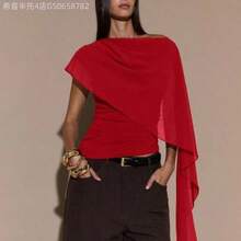 Fengyu Women's Clothing Store  Blusa de punto con cuello anudado y hombro asimétrico, suéter elegante y ajustado, otoño/invierno - Rojo - Ver 1