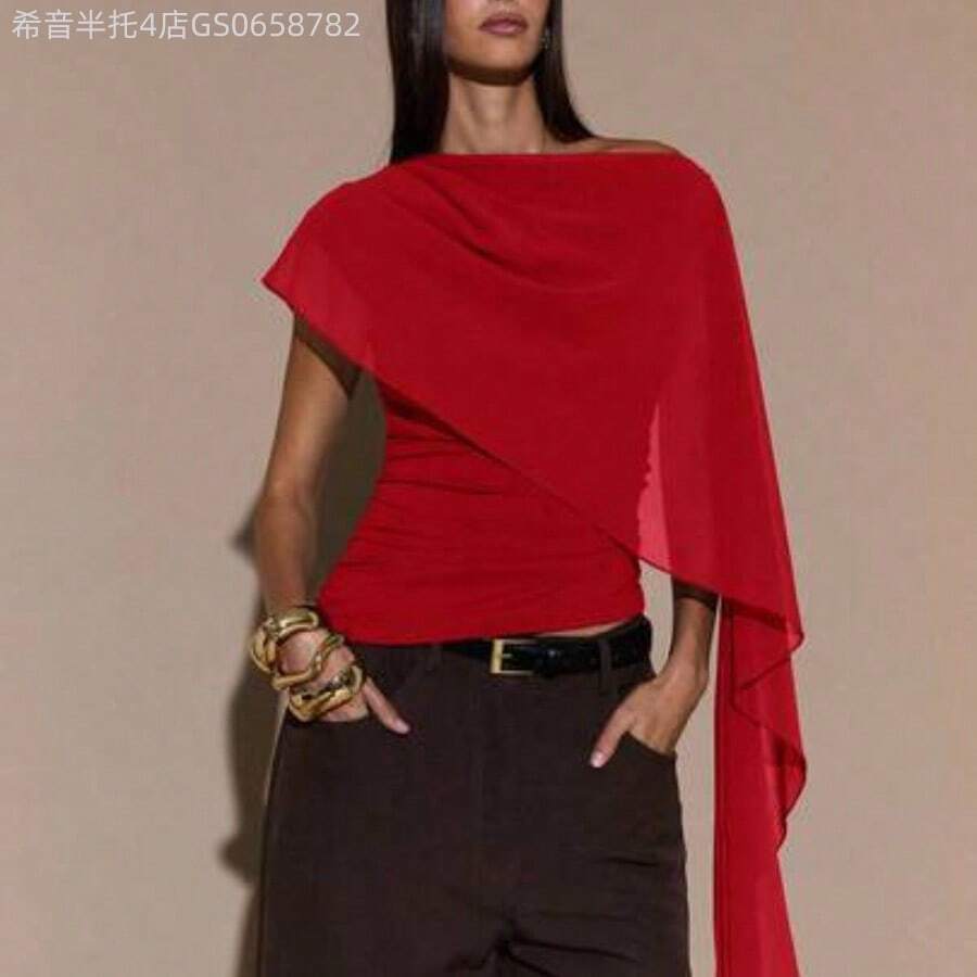 Fengyu Women's Clothing Store Blusa de punto con cuello anudado y hombro asimétrico, suéter elegante y ajustado, otoño/invierno - Rojo - Ver 1