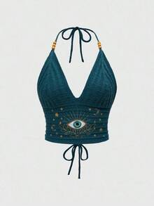 Blusa de punto con bordado de ojo, luna y estrella en estilo bohemio, hippie y de vacaciones para mujer, en color azul-verde agua - Albaricoque - Ver 11