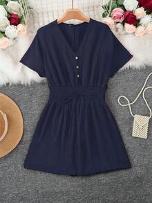 Mono de mujer casual de unicolor con cuello en V y botones, elegante para el verano - Azul marino - Ver 2