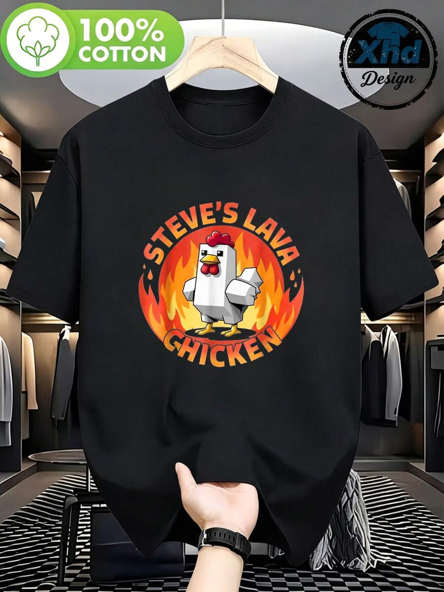 Camiseta para hombre Pollo de lava de Steve Cómodo y versátil Ropa Casual de Manga Corta para Exterior - Negro - Ver 1