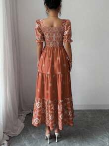 MEXElenzga Vestido casual/de trabajo de manga corta con cuello cuadrado y cintura ceñida en línea A con estampado para mujerMEX KDNZ - Marrón - Ver 2