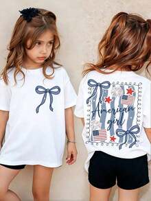 American Honey Kids' Short Sleeve T-Shirt With 4th Of July Cartoon Print, 180g, Soft, Comfortable And Breathable, Suitable For All Seasons, Perfect For Boys And Girls For Everyday Wear, School And Casual Sportswear. An Ideal Crew Neck T-Shirt For Holiday Parties, Gatherings, Outdoor Activities And Travel. - 藍色和黑色 - 查看 1