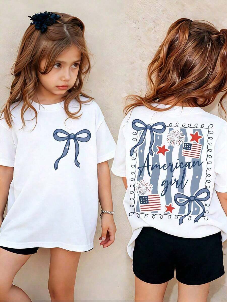 American Honey Kids' Short Sleeve T-Shirt With 4th Of July Cartoon Print, 180g, Soft, Comfortable And Breathable, Suitable For All Seasons, Perfect For Boys And Girls For Everyday Wear, School And Casual Sportswear. An Ideal Crew Neck T-Shirt For Holiday Parties, Gatherings, Outdoor Activities And Travel. - 藍色和黑色 - 查看 1