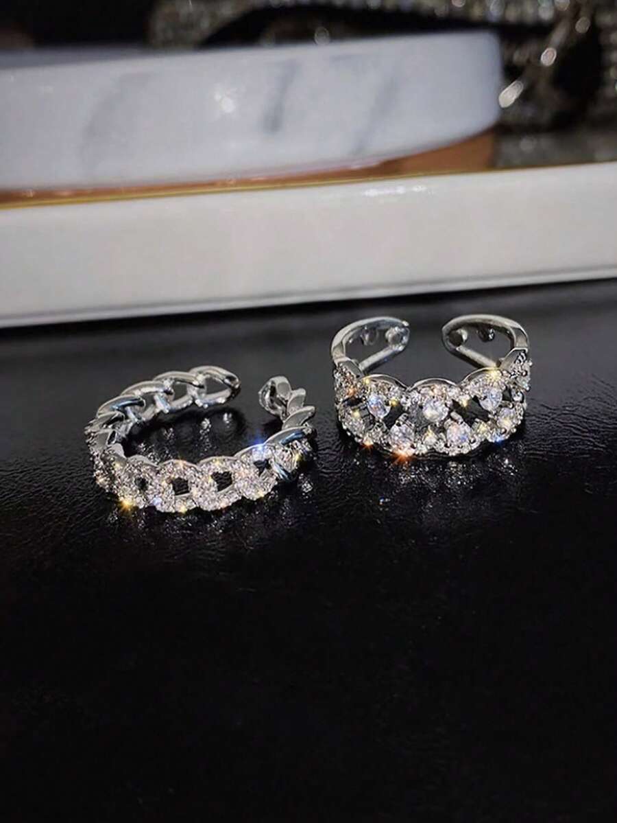 2枚优雅几何交叉独特设计闪亮锆石铜合金戒指,适合女性日常、假日、派对佩戴 - 銀色 - 查看 1
