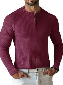 Men's Ribbed Henry Shirt Slim Fit Muscle T-Shirt Cotton Casual Long Sleeved Shirt,Suitable For Traveling, Keeping Warm As An Inner Layer, And Giving Gifts During Festivals - Màu Đỏ Sâu - Xem 1