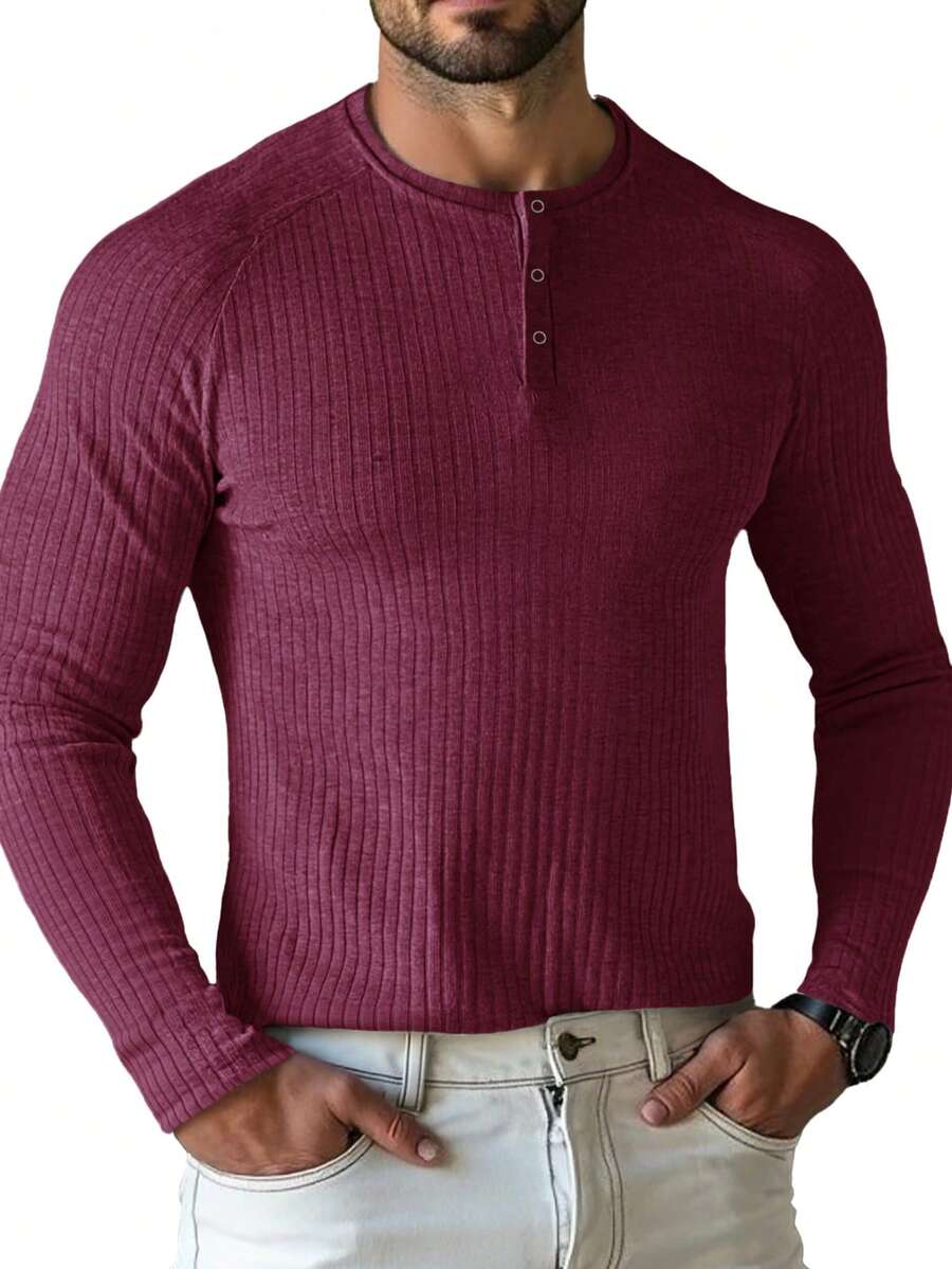 Men's Ribbed Henry Shirt Slim Fit Muscle T-Shirt Cotton Casual Long Sleeved Shirt,Suitable For Traveling, Keeping Warm As An Inner Layer, And Giving Gifts During Festivals - Màu Đỏ Sâu - Xem 1