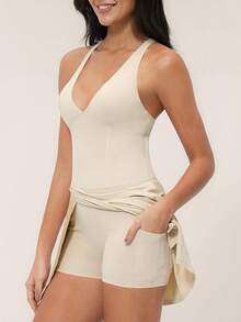 TimeOff 1pc Women V-Neck Solid Color Side Slit Ruffle Hem Criss-Cross Strap Pocket Lining Dress Skirt - Grey - View 4