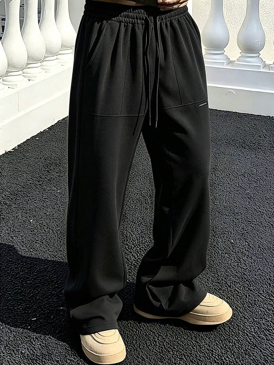 Men's Minimalist Line Patchwork Sports Pants, Casual Straight Leg Drawstring Sweatpants For Daily Wear And Outdoor Activities - Black - View 1