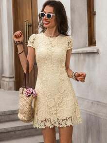 Vestido romántico de manga corta con estampado floral diminuto y bajo asimétrico de encaje para mujer - Albaricoque 2 - Ver 8