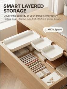 Desk And Drawer Storage Box, Built-In Storage Compartments, Divided Makeup And Skincare Organizer Box, Suitable For Various Size Drawers, Home Desktop And Drawer Organizer - White - View 2