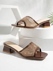 NANBEI ZUO Sandalias de tacón grueso con punta cuadrada y malla de strass para mujer, zapatillas de verano de tacón bajo con cierre deslizante en color marrón oscuro - marrón oscuro - Ver 3