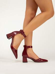 Women's New Fashion Burgundy High Heels, Cute Solid Color Minimalist Versatile Closed Toe Slingback Hollow Buckle Elegant Party Sexy Commute Office Pointed Toe Thick High Heel Sandals, All Season - Burgundy - View 5