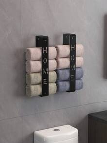 Towel Bar Roll, Bathroom Towel Rack, Wall-Mounted Metal Bathroom Shelf, Compact Bathroom Towel Rack, Wall-Mounted Towel Rack, Wall-Mounted Vertical Towel Roll Storage Rack - Black - View 2