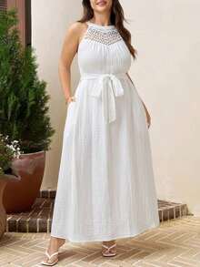 Comfylo Vestido de vacaciones de algodón desgastado blanco con cuello halter de talla grande - Blanco - Ver 3