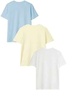 Set Of 3 Minimalist And Casual Summer Short-Sleeved Crew Neck T-Shirts, Versatile And Fashionable Tops For Women - 淺藍色,黃色和米白色 - 查看 3