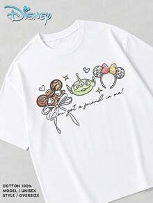 Women's Pure Cotton T-Shirts, Disney Animation Women's T-Shirts, Women's Spring And Autumn Tops, Women's Summer Tops, Disney T-Shirts, Fun Toy Story Double-Print Creative Illustration Prints, Classic Childlike Elements Full Of Atmosphere, Breathable And Skin-Friendly, Comfortable To Wear, Easily Creating A Refreshing And Energetic Everyday Look For Young Girls. - White - View 4