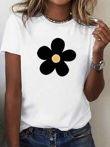 Camiseta de algodón para mujer, estampado de flor margarita negra minimalista con centro amarillo, cuello redondo manga corta, ideal para primavera y verano, regalo delicado para amantes del estilo floral, tejido suave y transpirable, versátil para uso diario y salidas casuales - Blanco - Ver 7
