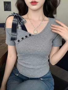 不對稱蝴蝶結設計露肩短袖T恤，修身貼身休閒上衣，女款夏季 - 灰色 - 查看 5