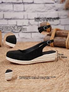 Women's Comfortable Non-Slip Apricot Linen Rope Platform Wedge Sandals, Suitable For Spring And Summer Vacation - Black - View 9