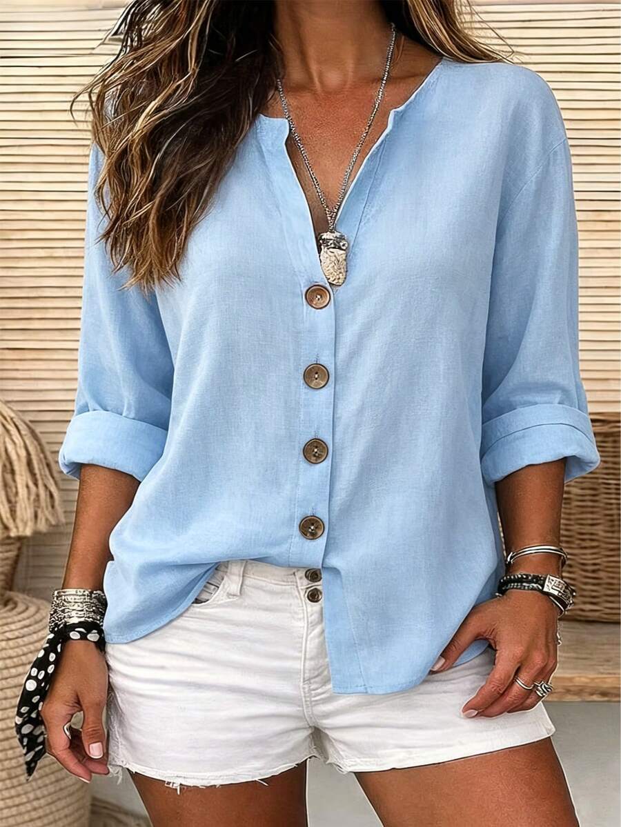 Women's Casual Blue V-Neck Button Long Sleeve Shirt, Loose Fit, Polyester Fabric, Suitable For Daily Wear - Light Wash - View 1
