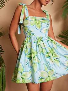 xheTravachic Vestido de verano de mujer con cuello cuadrado, sin mangas, con cintura ajustada y lazo delantero, en estampado floral. Conjunto de vacaciones para mujer, atuendos para vacaciones, atuendos de playa, conjuntos de verano para mujer, vestidos de verano para mujer, vestidos para mujer, vestido de veranoxhe - Multicolor 4 - Ver 8