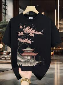 Men's 100% Cotton T-Shirt - Short Sleeve, Crew Neck, Digital Print, Comfortable For All Seasons, Machine Washable, Ideal For Everyday Wear, Crew Neck, Circular Design, Casual Summer T-Shirt Muscle Freaks Japanese Pagoda Style Oriental Art - 黑色 - 查看 11
