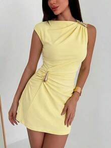 fsvsAloruh Vestido mini con decoración metálica y dobladillo fruncido para mujersdvs 51Q5 - Amarillo claro 3 - Ver 6