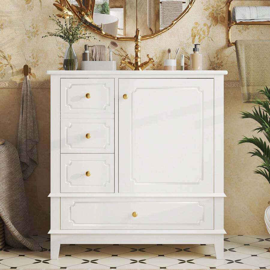 76.5 Cm Bathroom Vanity Unit With Ceramic Basin And Gold Handles – Antibacterial, With Overflow And Ample Storage – White - White - View 1