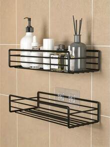 1/2pcs Wrought Iron Wall-Mounted Storage Rack, Shower Caddy - Multi-Functional Floating Shelf, Suitable For Bathroom, Bedroom And Kitchen Storage Organizer, With Hooks, No-Drill Bathroom Essential Storage Rack - Multicolor - View 6