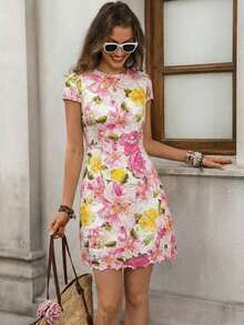 Vestido romántico de manga corta con estampado floral diminuto y bajo asimétrico de encaje para mujer - Multicolor - Ver 6