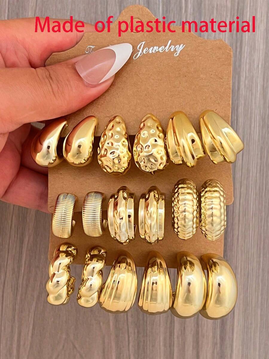 Set de 6-18 piezas de aretes creativos y de formas mixtas, adecuado para mujeres durante todo el año - Amarillo Oro - Ver 1