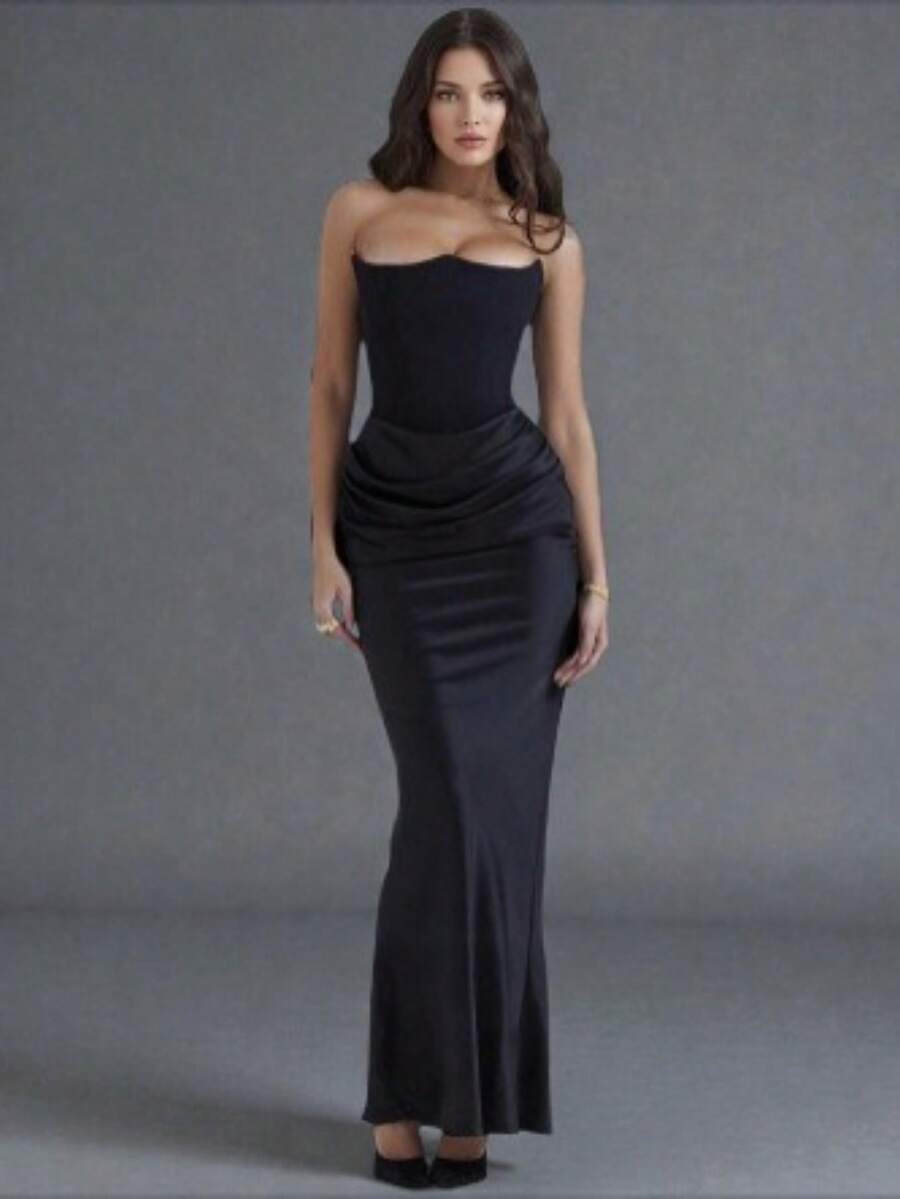 Vestido satén elegante sin tirantes pliegues combinados ajustado sensual estilo europeo para fiestas - Negro - Ver 1