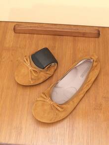 1 Pair Women's Fashion Comfortable Thick Insole Slip-On Flat Ballroom Dance Shoes, Outdoor Casual Foldable Portable Flat Bow Tie Ballet Shoes - Brown - View 3