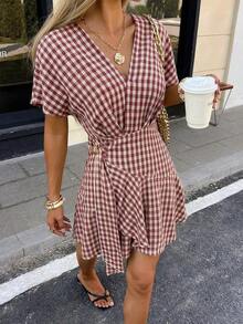 Vestido envolvente de mezcla de lino con mangas tipo murciélago, vestido casual de playa y vacaciones - Burdeos - Ver 1