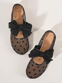 Women's Round Toe Breathable Mesh Low Heel Flat Shoes, Bow Decor, Polka Dot Decor - Black - View 6