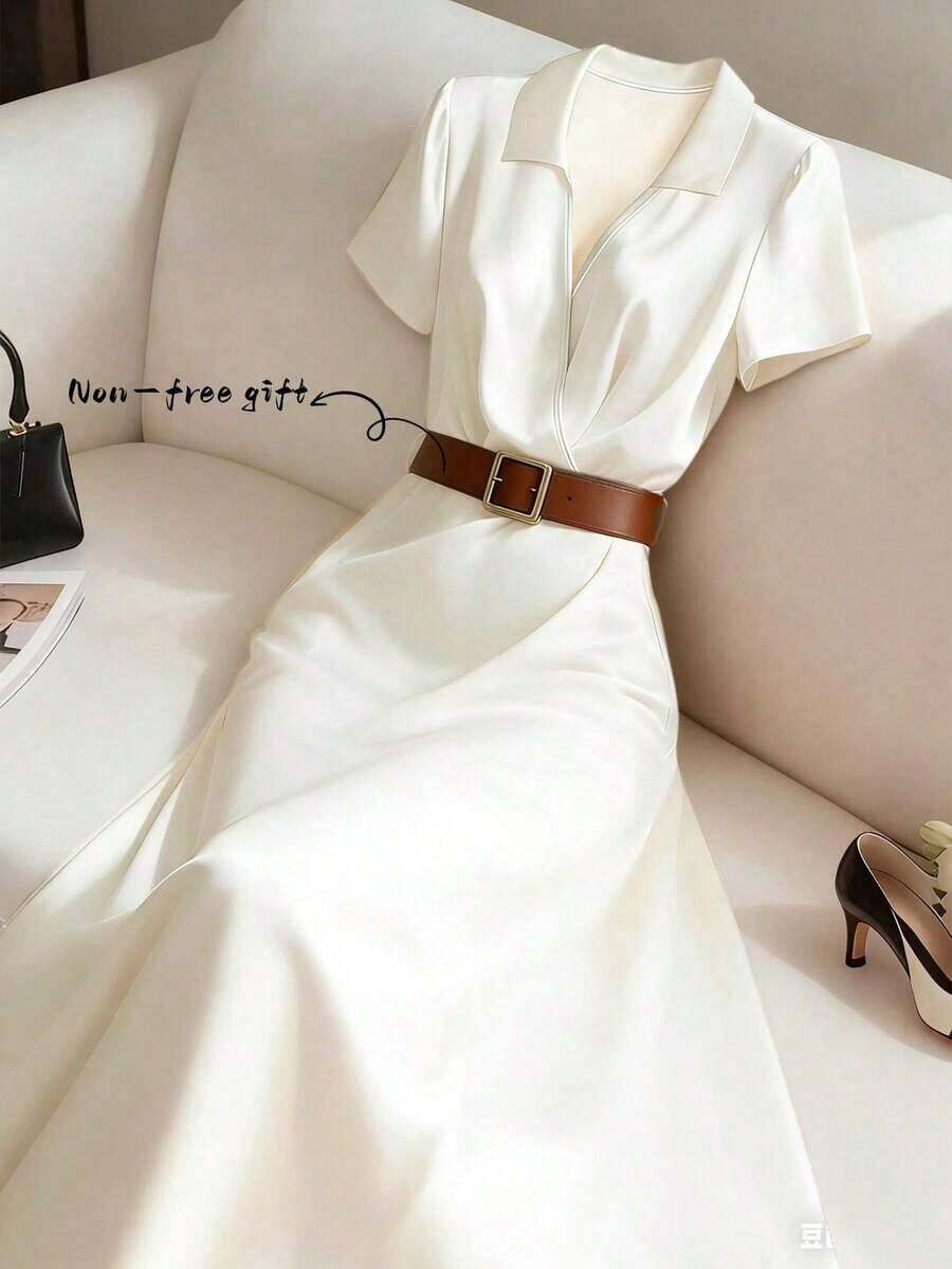 MEXGlowEve Vestido midi elegante de unicolor de manga corta para uso diario de mujerMEX WKQZ - Albaricoque - Ver 1