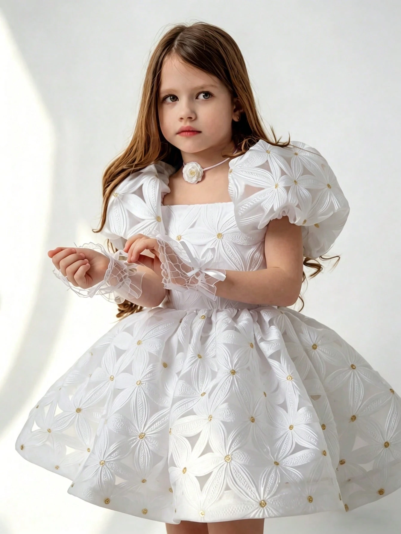 Young Girl Puff Sleeve Fluffy Mesh Party Dress, Suitable For Baby Birthday