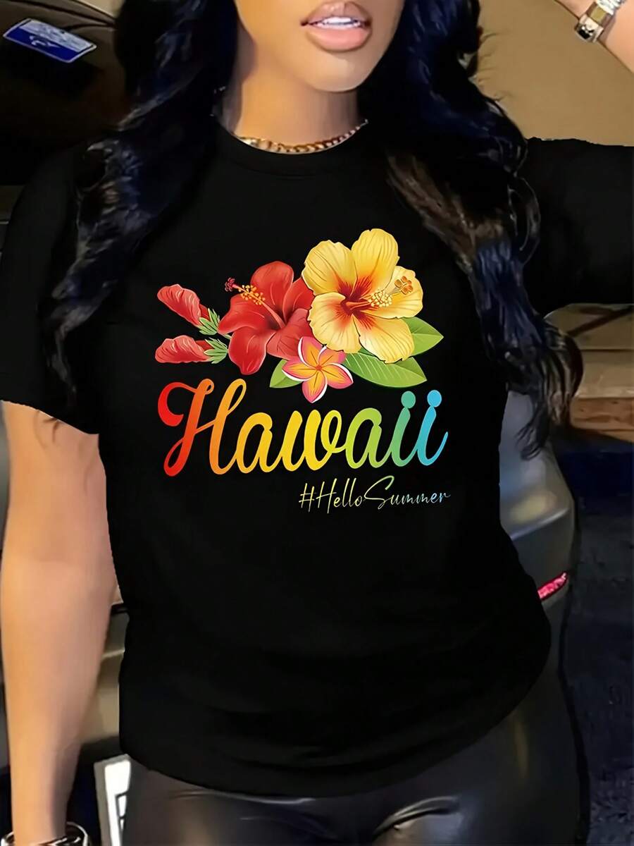Women's Hibiscus Flower Hawaiian Shirt - Black Top With Tropical Hawaiian Print - Lightweight And Breathable For Beach Vacations, Summer Outfits And Travel - Women's Crew Neck Hawaiian Shirt - 黑色 - 查看 1