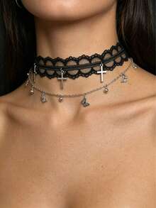 1pc Lace Butterfly Cross Tassel Necklace, Gothic Unique Design Choker Necklace For Women - Black - View 2