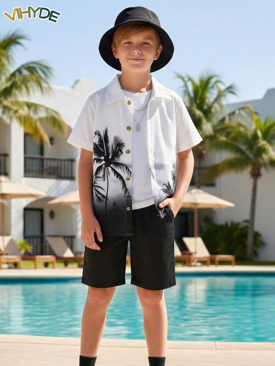 Vihyde Tween Boy Happy Kỳ Nghỉ Phong Cách Tương Phản Cây Dừa Áo Sơ Mi Tay Ngắn In Hình & Quần Short Màu Trơn & Mũ Xô 3 Bộ Trang Phục