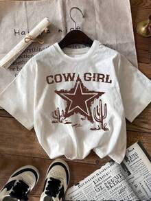 Camiseta Vintage de Vaquera para Niñas - Top de Punto Suave y Elástico con Estampado de Letras de Vaquero y Cactus, Cuello Redondo, Ropa Casual de Verano y Otoño, Lavable a Máquina, Estilo Retro Western - Blanco - Ver 7