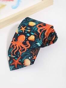 1 pieza Corbata de hombre con estampado de dibujos animados de pulpo, estrella de mar y concha, adecuada para salidas, fiestas, reuniones y vacaciones - Multicolor - Ver 3