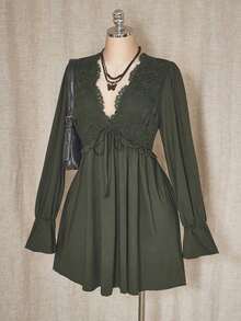ICON Vestido mini de talla grande de unicolor casual con parches de encaje para mujer, ropa de otoño - Verde militar - Ver 3
