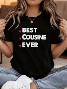 Camiseta de manga corta estampada con la frase "BEST COUSINE EVER", camiseta de manga corta con cuello redondo, top casual para verano y primavera, ropa de mujer, camiseta de cuello redondo de color sólido, suave y transpirable. - Negro - Ver 6