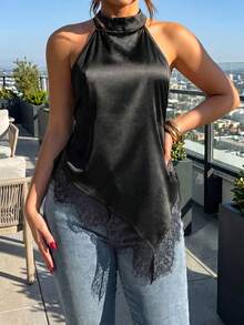 Blusa de satén negro talla grande con cuello halter, ribete de encaje, dobladillo asimétrico, sin mangas y espalda abierta para mujer, fiesta, noche, casual, verano (YY1420) - Negro - Ver 3