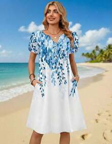 ,Flower Dress Women,2026 Women's Summer Casual Floral V-Neck A-Line T-Shirt Mini Dress Short Sleeve With Pockets Beach Sundress,Casual Summer Dress, S - 白藍色的花 - 查看 3