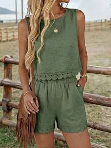 LUNE Conjunto de 2 piezas de blusa sin mangas con parches de encaje y shorts, adecuado para vacaciones de verano, ir al trabajo y uso diario - Verde - Ver 8