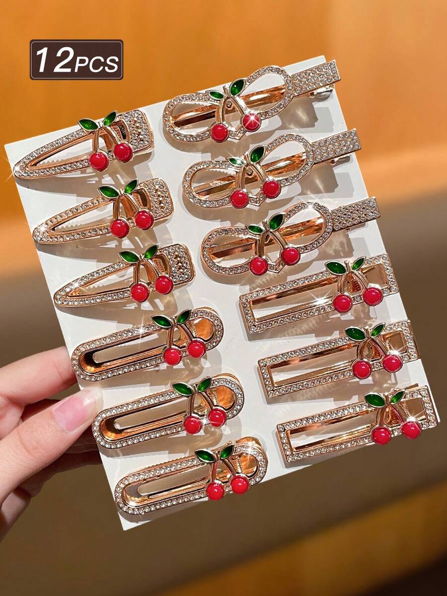 12pcs/Set Women's Fashionable Delicate Rhinestone Cherry Pattern Hair Clips, Suitable For Bangs And Side Use, Sweet And Cute Y2K Style, Perfect Summer Beach Accessory,Hair Slide - Multicolor - View 1